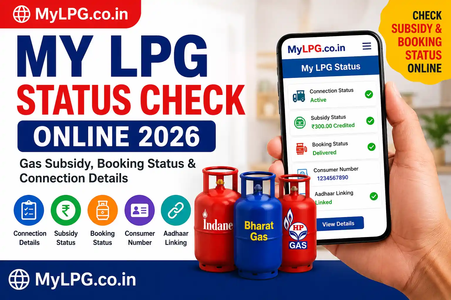 My LPG Status Check Online 2026 dashboard showing LPG subsidy status, gas booking status, connection details, Aadhaar linking and consumer information on MyLPG.co.in.