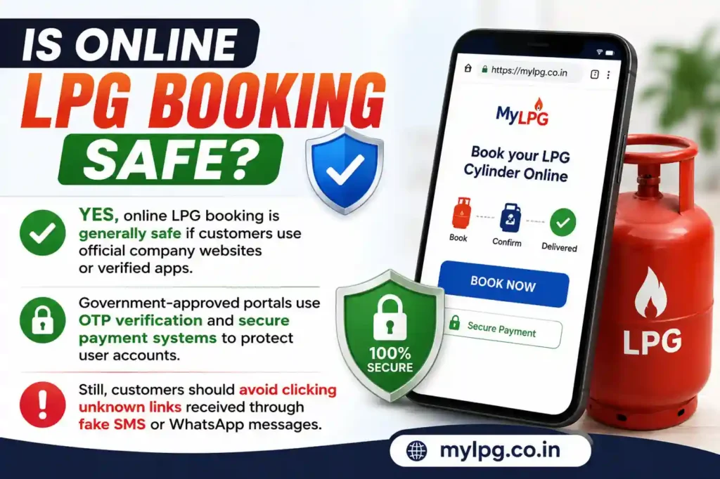 Online LPG booking safety guide with secure OTP verification and mylpg.co.in website
