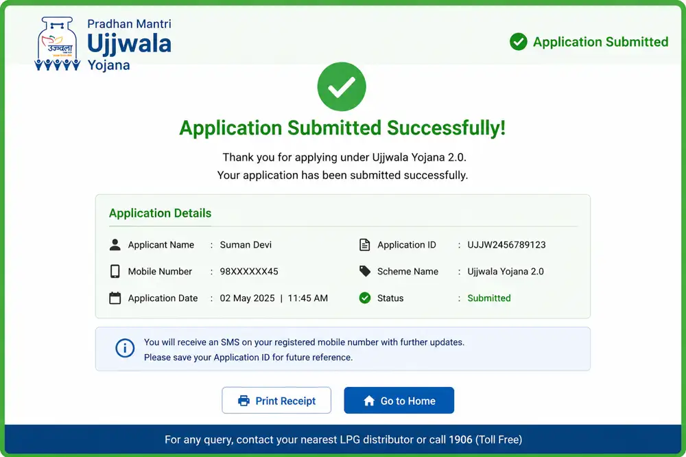 Ujjwala Yojana 2.0 online application submitted successfully screenshot with LPG connection details and status update
