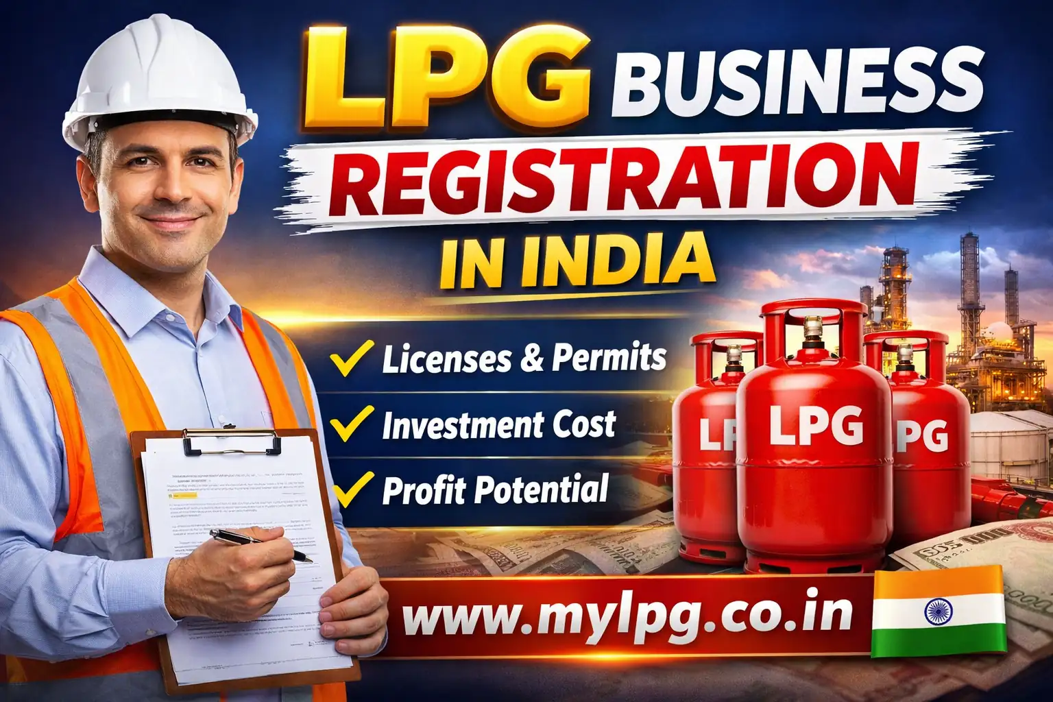 LPG business registration in India thumbnail showing gas cylinders and business registration concept – mylpg.co.in