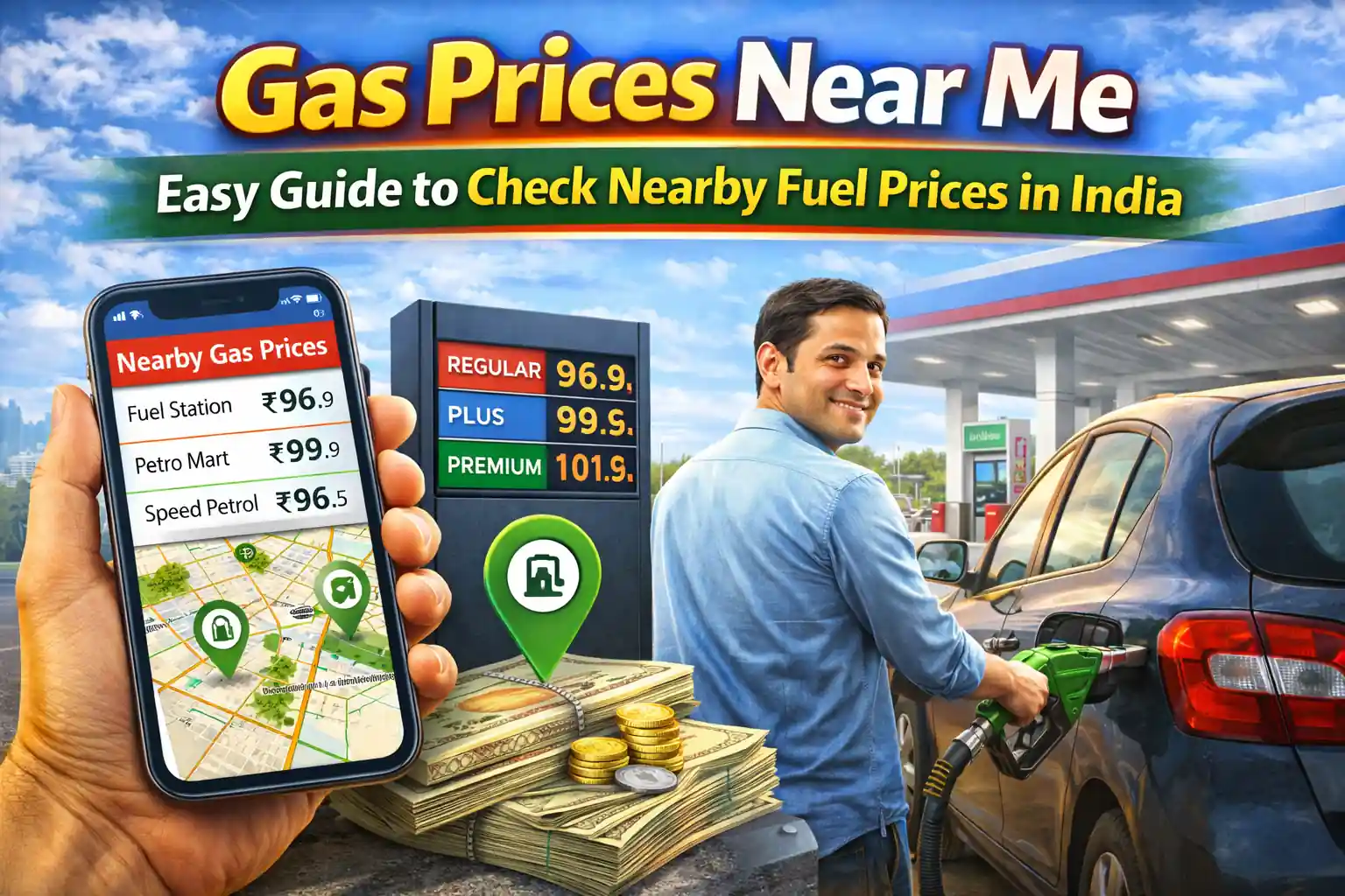 Gas prices near me thumbnail showing smartphone fuel price comparison, petrol station board, and car refueling scene in India