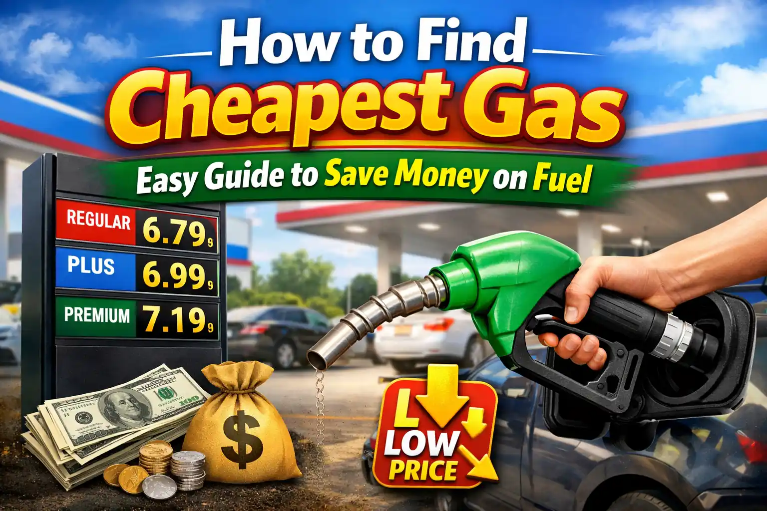 How to find cheapest gas easy guide thumbnail showing fuel pump, gas price board, and money saving concept mylpg.co.in