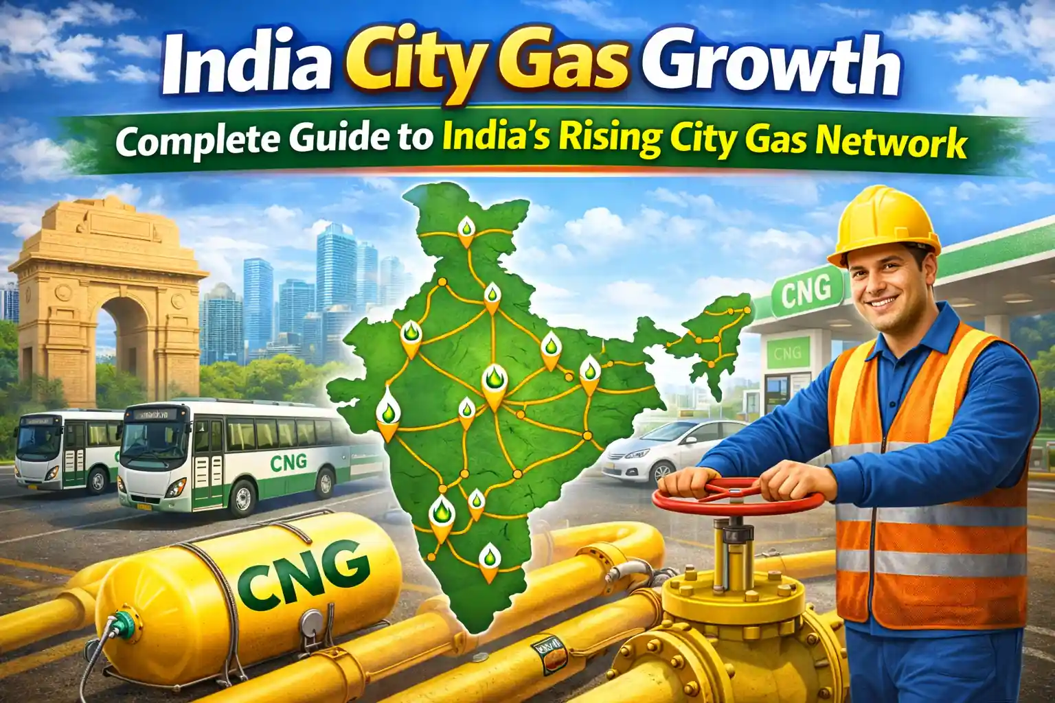 India city gas growth thumbnail showing India map with city gas network, CNG pipeline infrastructure, and gas worker representing expanding city gas distribution in India