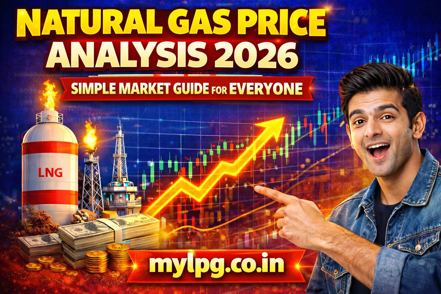 Natural Gas Price Analysis 2026 thumbnail showing LNG plant, rising market chart, price trend concept and mylpg.co.in branding