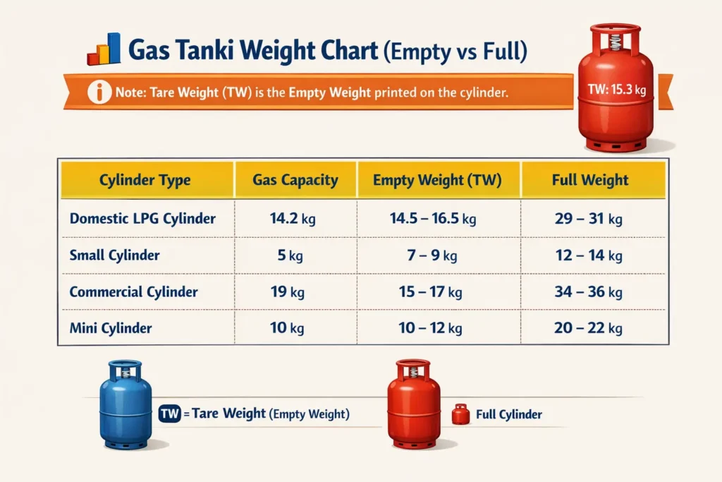 Gas tanki weight chart showing empty tare weight and full LPG cylinder weight for domestic, small, commercial, and mini cylinders in India
