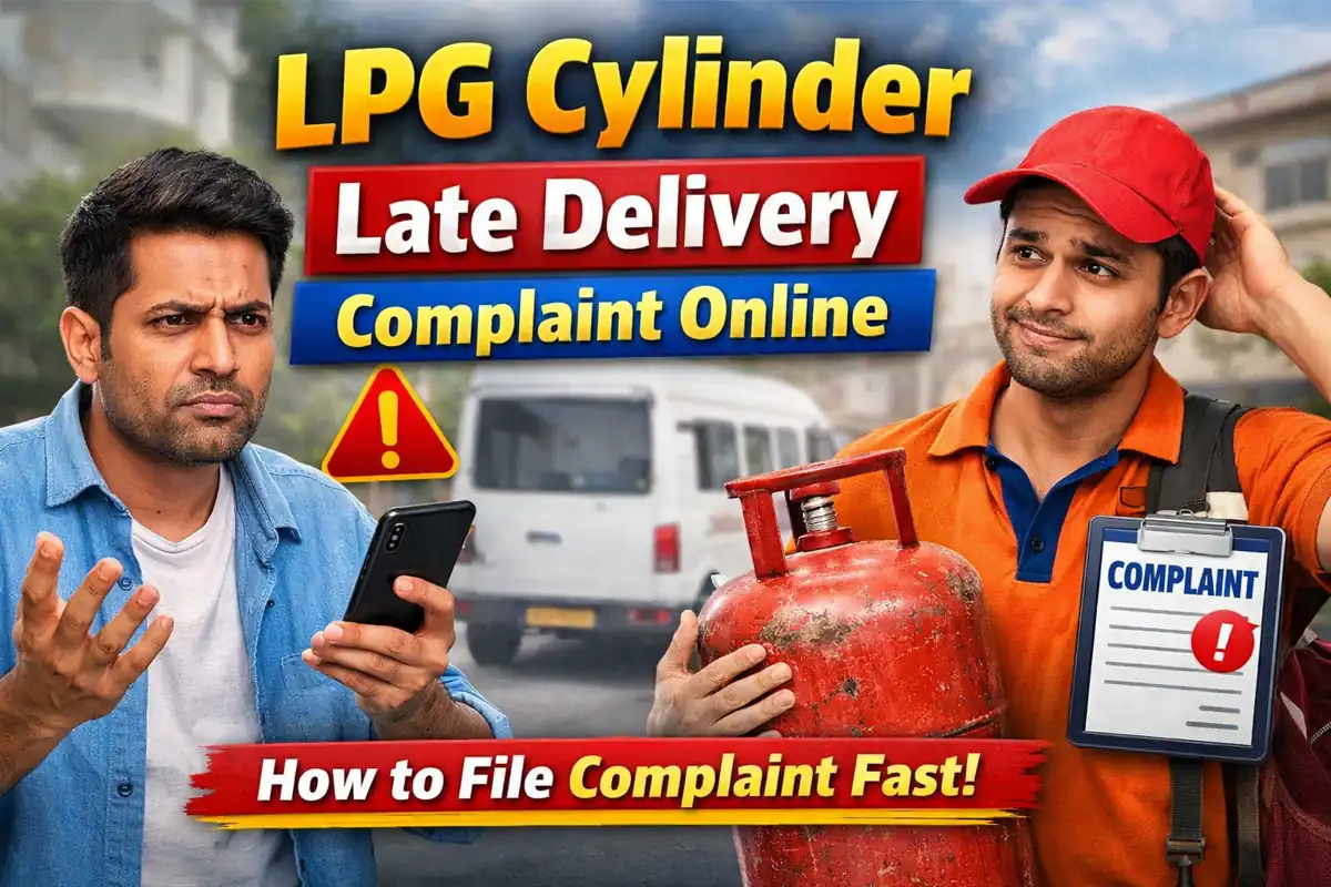 LPG complaint online for late cylinder delivery with customer and delivery boy scene