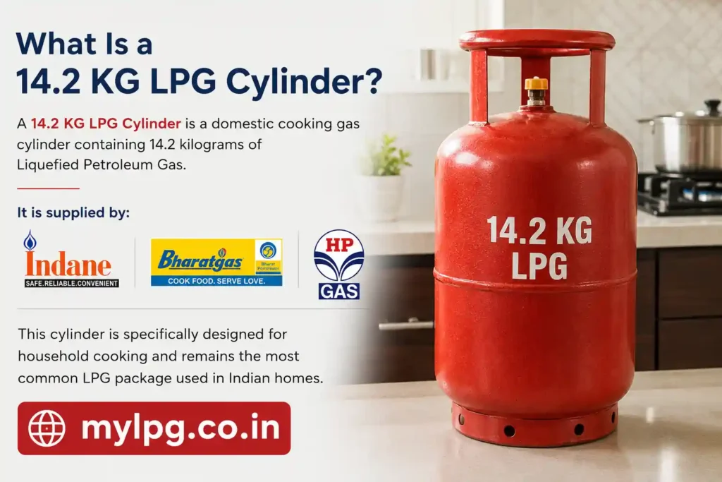 14.2 KG LPG Cylinder for domestic cooking gas in India supplied by Indane, Bharat Gas and HP Gas – mylpg.co.in banner image
