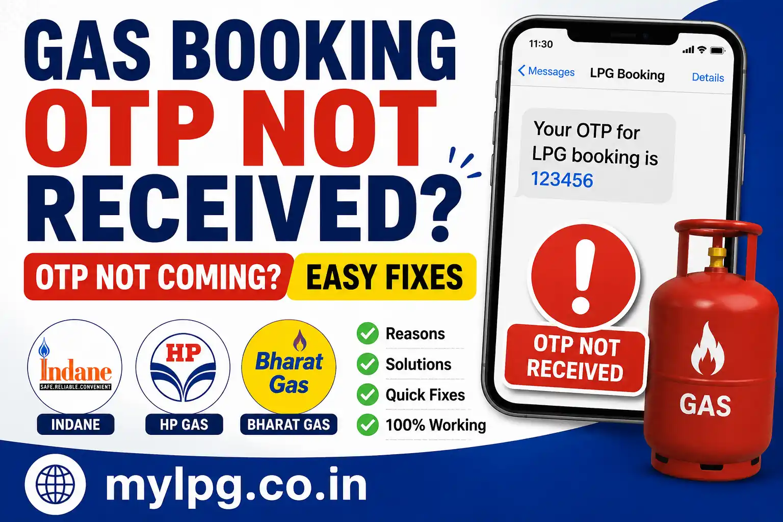 Gas Booking OTP Not Received 2026 thumbnail showing LPG booking OTP delay issue, Indane, HP Gas and Bharat Gas OTP not coming solutions