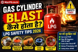 Gas Cylinder Blast Kaise Hota Hai thumbnail with LPG safety tips, gas leak warning, regulator problem and MyLPG.co.in branding in Hindi 2026