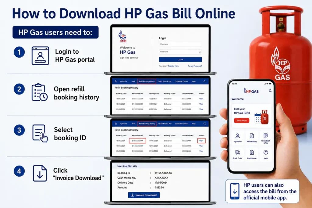How to Download HP Gas Bill Online step-by-step guide showing HP Gas portal login, refill booking history, booking ID selection, and invoice download process with mobile app access.