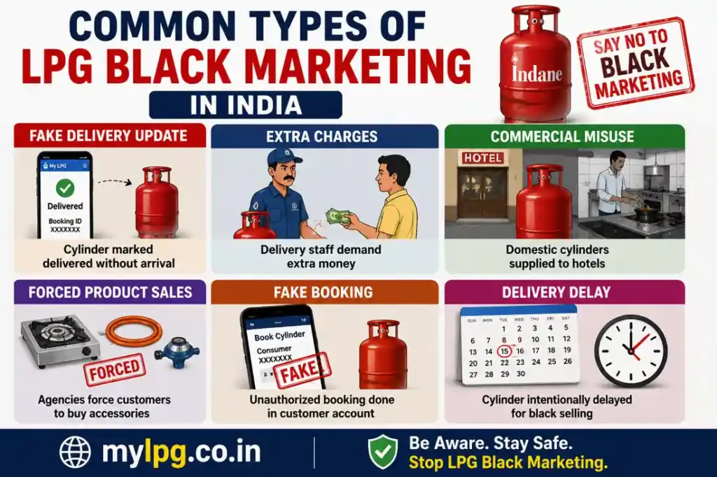 Common types of LPG black marketing in India including fake delivery updates, extra charges, fake booking, delivery delay, and illegal gas cylinder selling infographic. 