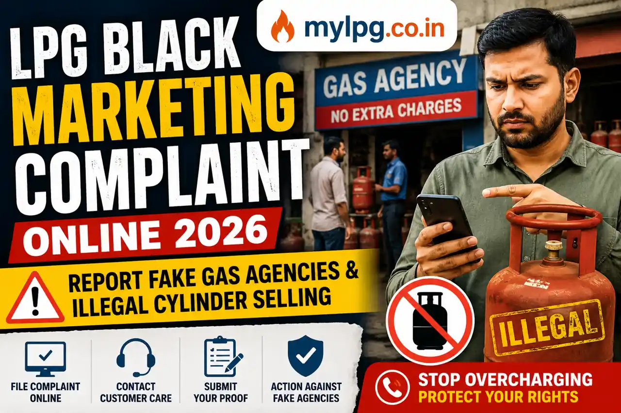 LPG Black Marketing Complaint Online 2026 thumbnail showing illegal gas cylinder selling and fake gas agency complaint in India.