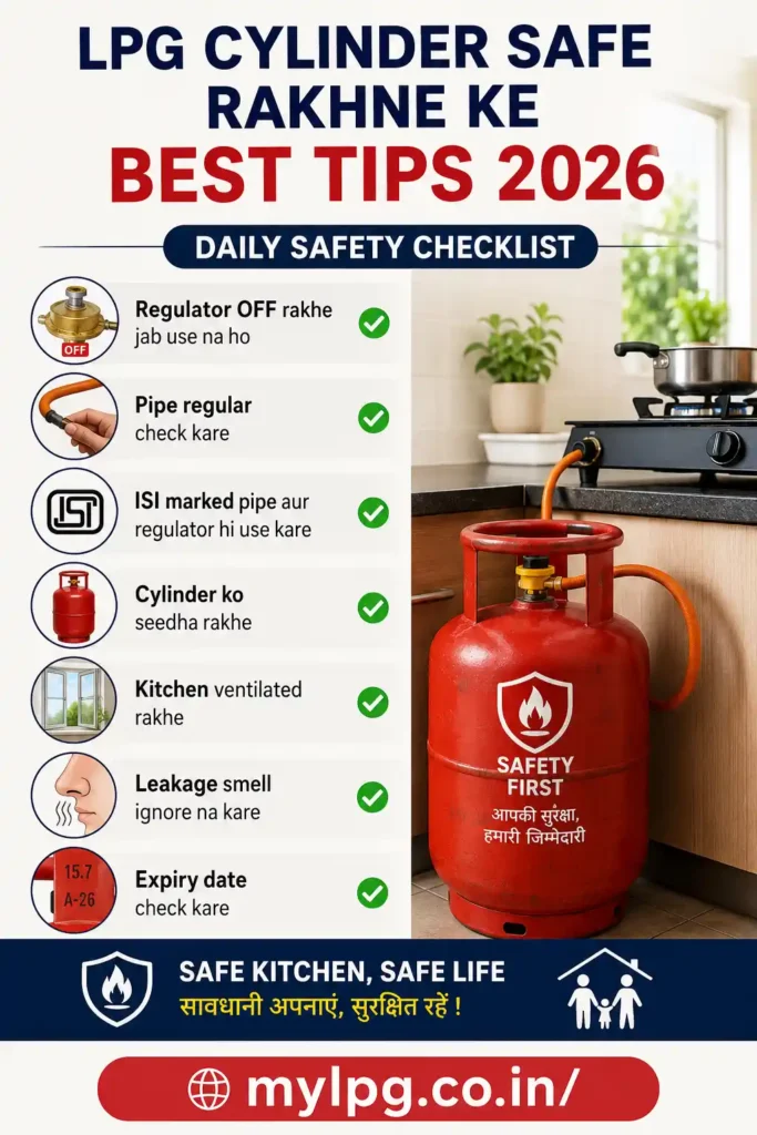LPG Cylinder Safe Rakhne Ke Best Tips 2026 daily safety checklist poster with gas cylinder, regulator safety tips, kitchen ventilation, leakage check and mylpg.co.in