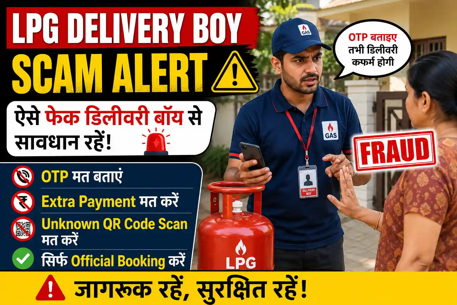 LPG Delivery Scam alert thumbnail showing fake gas delivery boy asking for OTP and warning about online gas fraud in India.