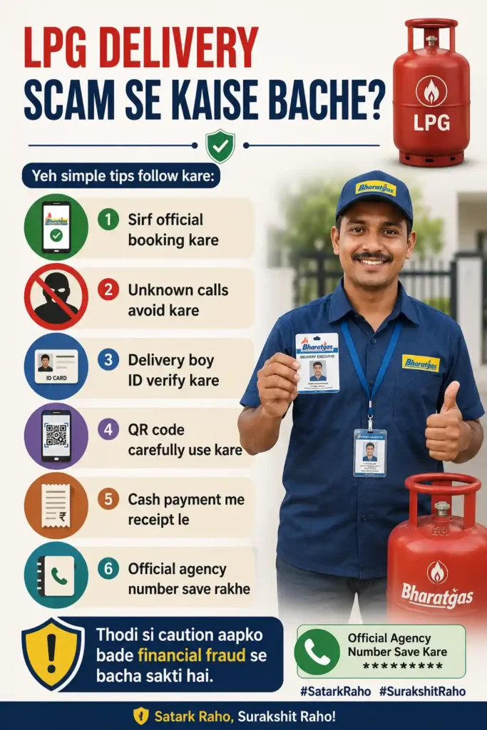 LPG delivery scam awareness poster in Hindi showing safety tips like official booking, delivery boy ID verification, QR code safety, receipt collection, and fraud prevention with LPG gas cylinder and delivery agent.