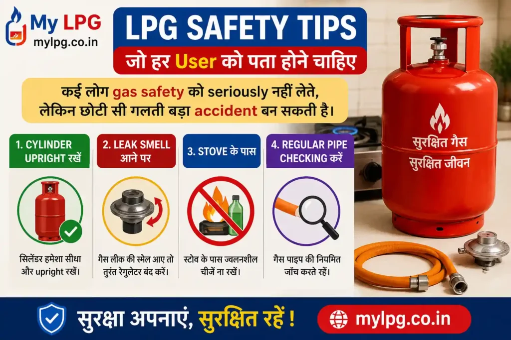 LPG Safety Tips thumbnail for gas cylinder safety leak protection regulator check and kitchen LPG safety guide on mylpg.co.in