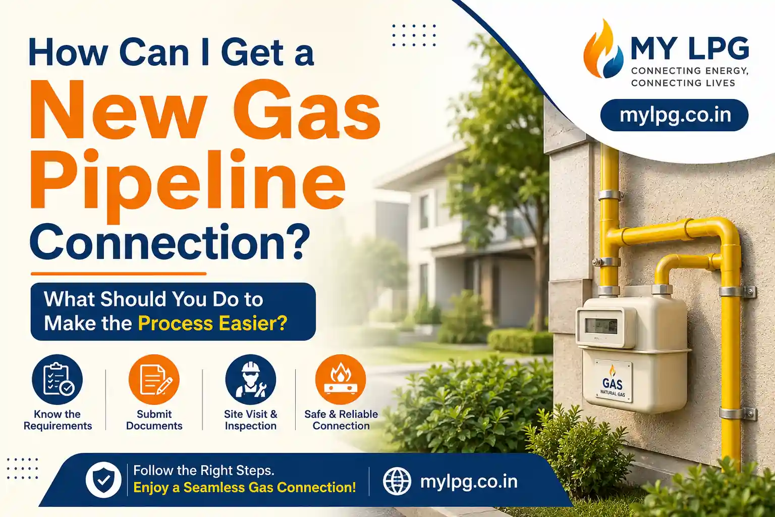 How Can I Get a New Gas Pipeline Connection thumbnail with gas meter, yellow pipeline, and mylpg.co.in branding for LPG connection guide post.