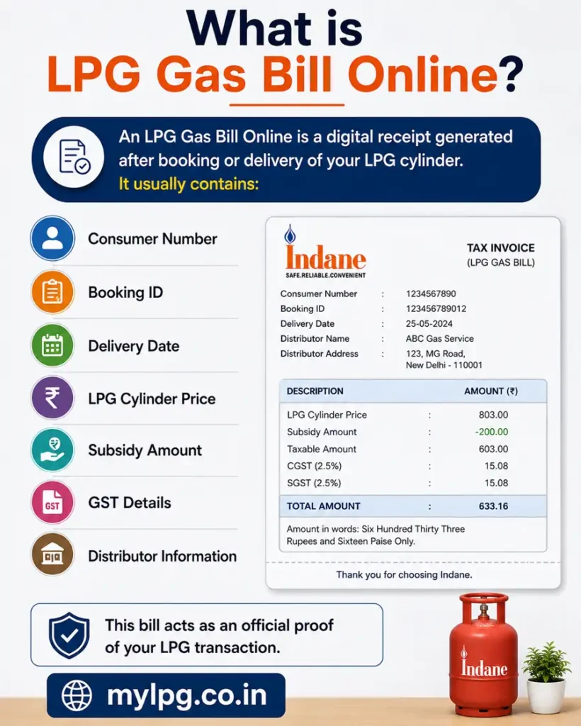 What is LPG Gas Bill Online infographic showing consumer number, booking ID, subsidy amount, GST details, and LPG invoice information