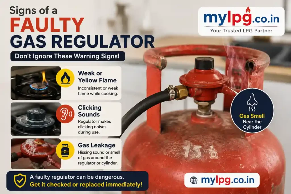 Common Signs of a Faulty Gas Regulator – LPG cylinder regulator showing weak yellow flame, clicking sounds, gas smell near cylinder, and gas leakage warning signs with mylpg.co.in