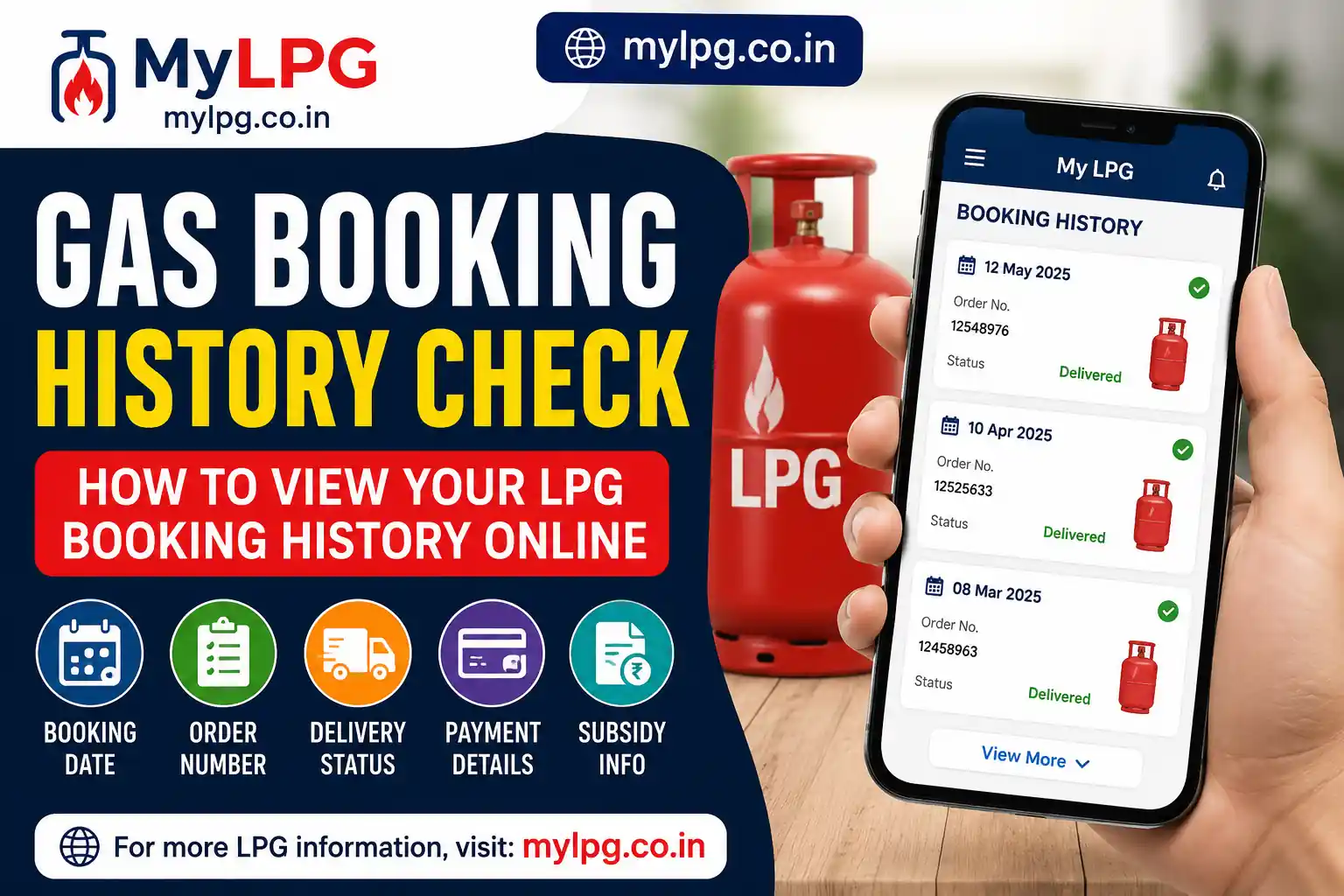 Gas Booking History Check online dashboard showing LPG refill booking records, delivery status, payment details, and subsidy information on mylpg.co.in