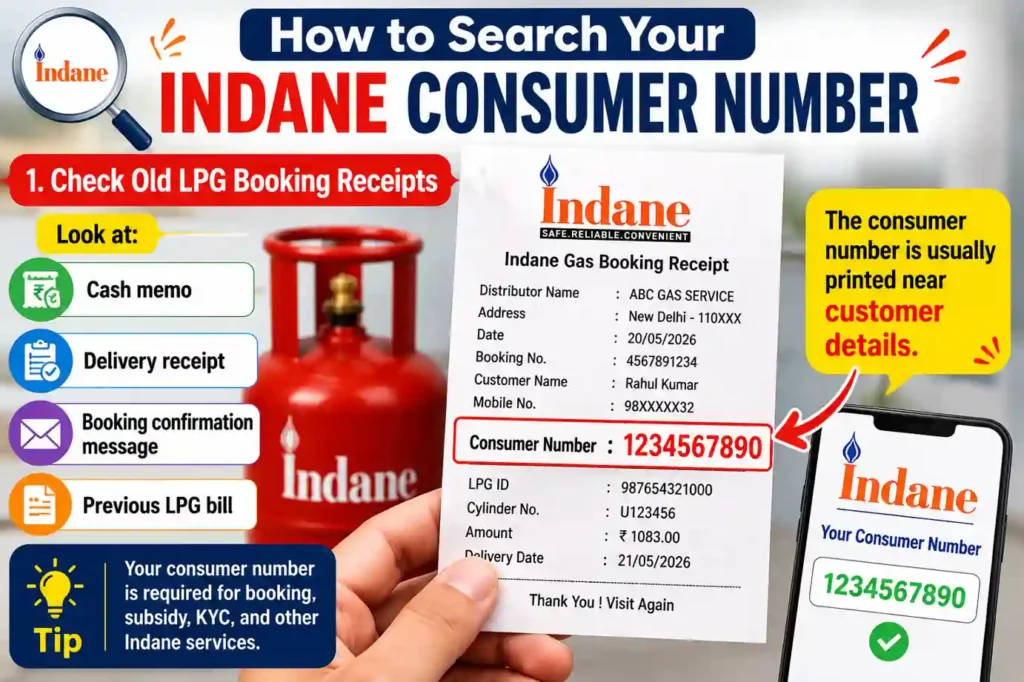 How to Search Your Indane Consumer Number using old LPG booking receipts, cash memo, delivery receipt, booking confirmation messages, and previous LPG bills.