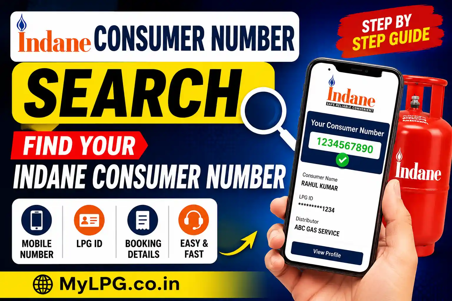 Indane Consumer Number Search online guide showing mobile phone, LPG cylinder, and consumer number lookup process on MyLPG.co.in