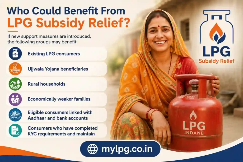 LPG Subsidy Relief 2026 beneficiaries including Ujjwala Yojana families and rural LPG consumers – mylpg.co.in 