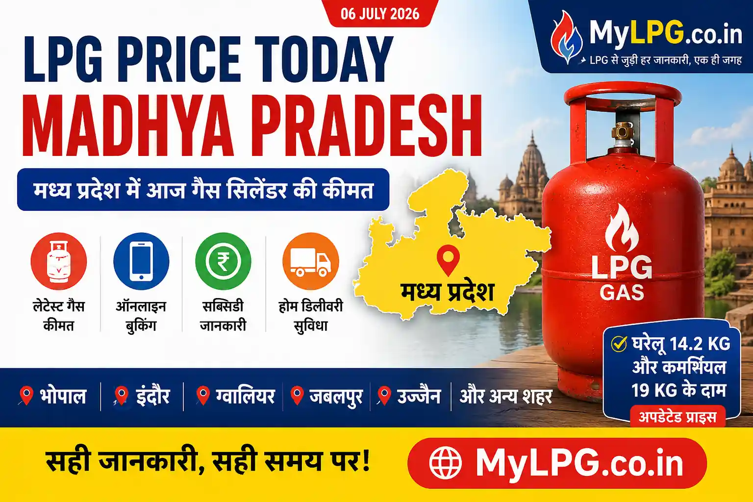 LPG Price Today Madhya Pradesh 2026 – मध्य प्रदेश में आज घरेलू 14.2 KG और कमर्शियल 19 KG गैस सिलेंडर की कीमत, भोपाल, इंदौर, ग्वालियर, जबलपुर सहित सभी प्रमुख शहरों की लेटेस्ट LPG प्राइस | MyLPG.co.in