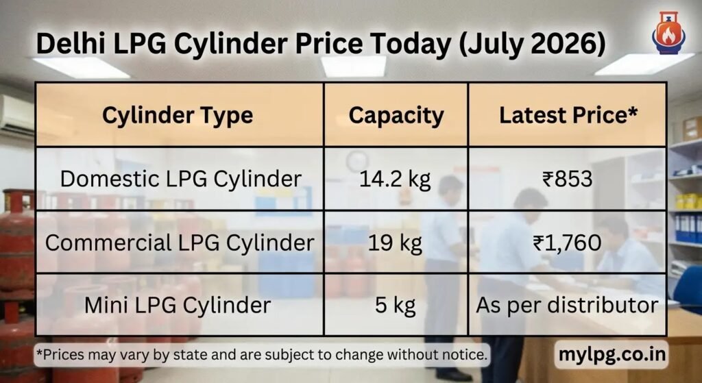 Delhi LPG Cylinder Price Today July 2026 Rate List Table showing Domestic 14.2 kg at 853 rupees and Commercial 19 kg at 1760 rupees from mylpg.co.in