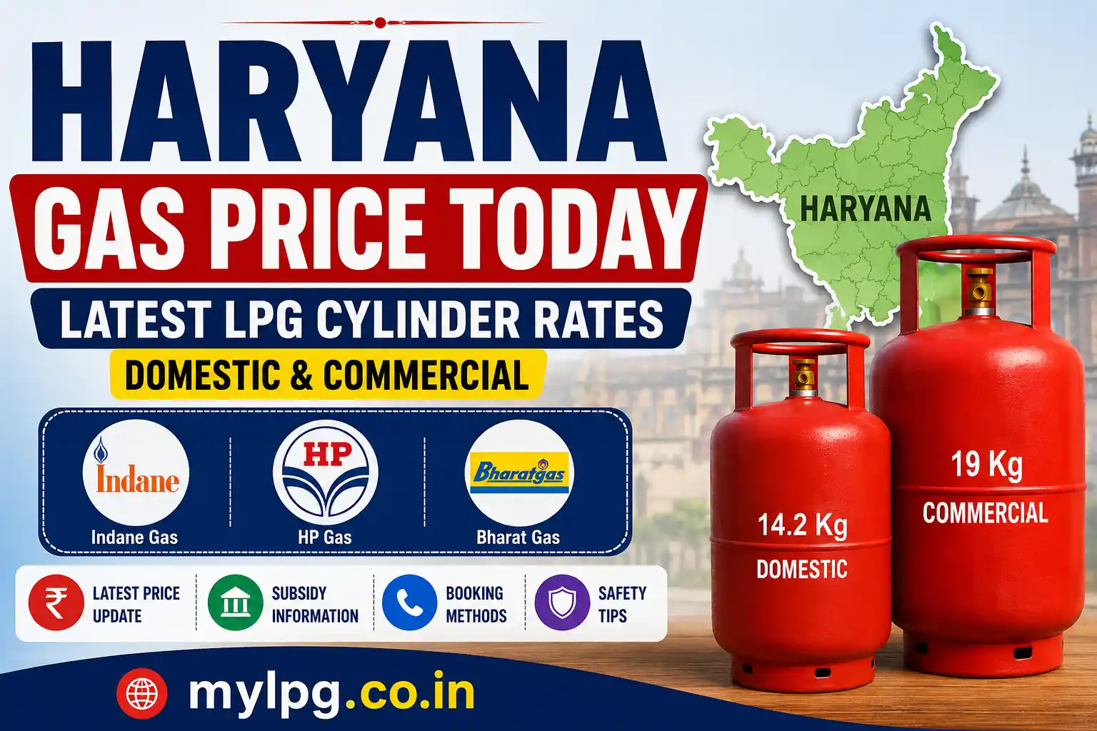 Haryana Gas Price Today 2026 latest domestic and commercial LPG cylinder rates for Indane HP Gas and Bharat Gas | mylpg.co.in