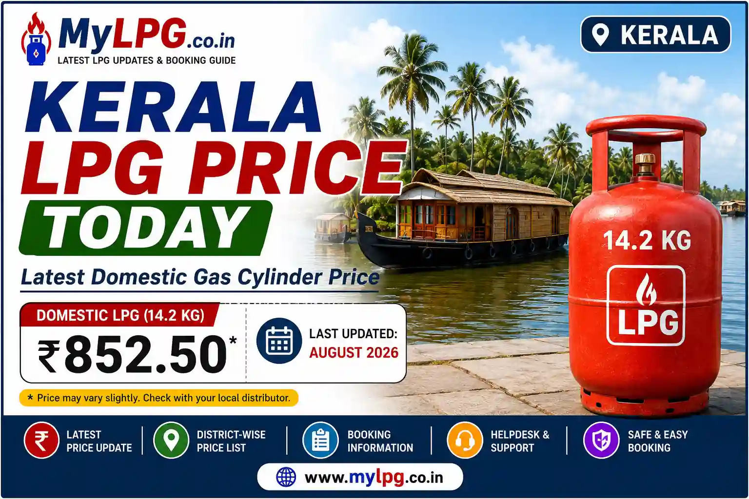 Kerala LPG Price Today August 2026 – Latest Domestic Gas Cylinder Price in Kerala | MyLPG.co.in