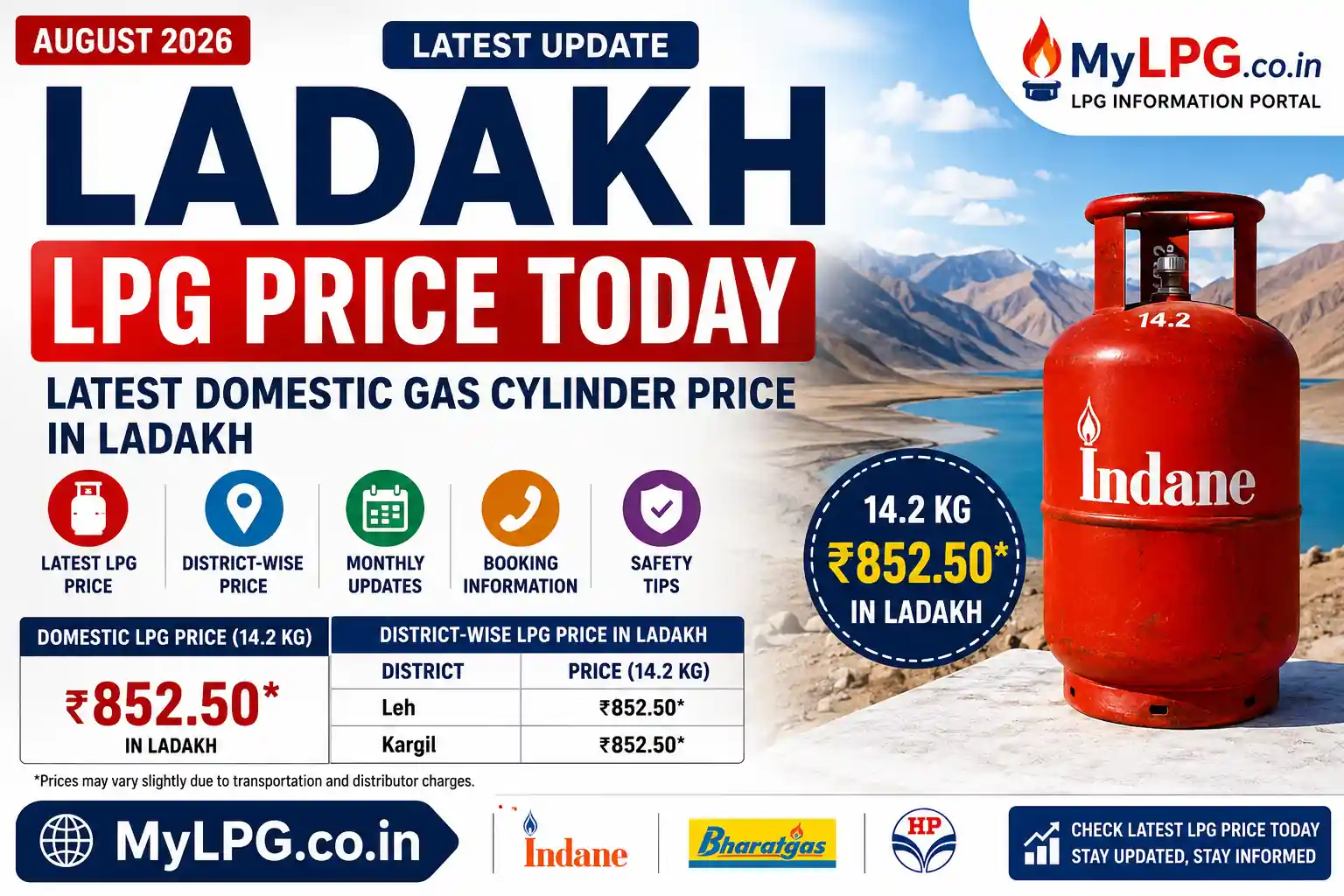 Ladakh LPG Price Today August 2026 – Latest Domestic Gas Cylinder Price in Leh and Kargil | MyLPG.co.in